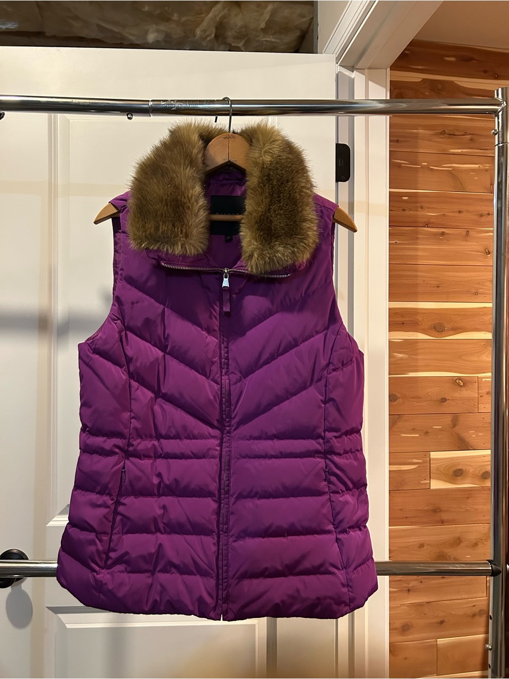 Talbots Vibrant Purple Quilted Puffer Vest with Faux-Fur Collar